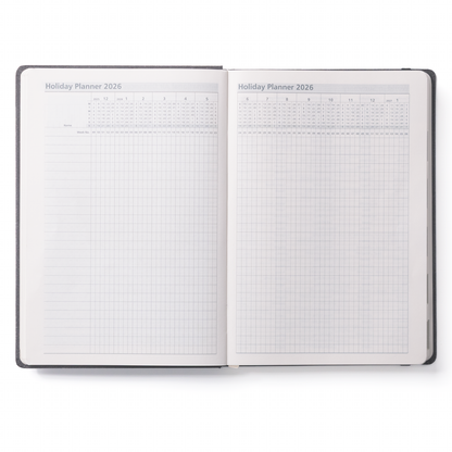 Open diary with grid pages on a white background