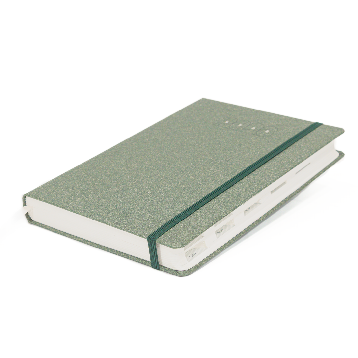 Green diary with a textured cover on a white background