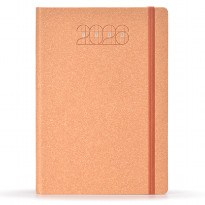 Orange textured notebook with '2026' embossed on the cover against a white background.