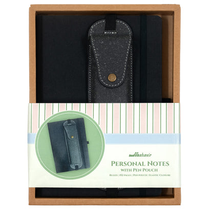 Notebook with Elastic Band and Leather Pen Pouch - A5 Size